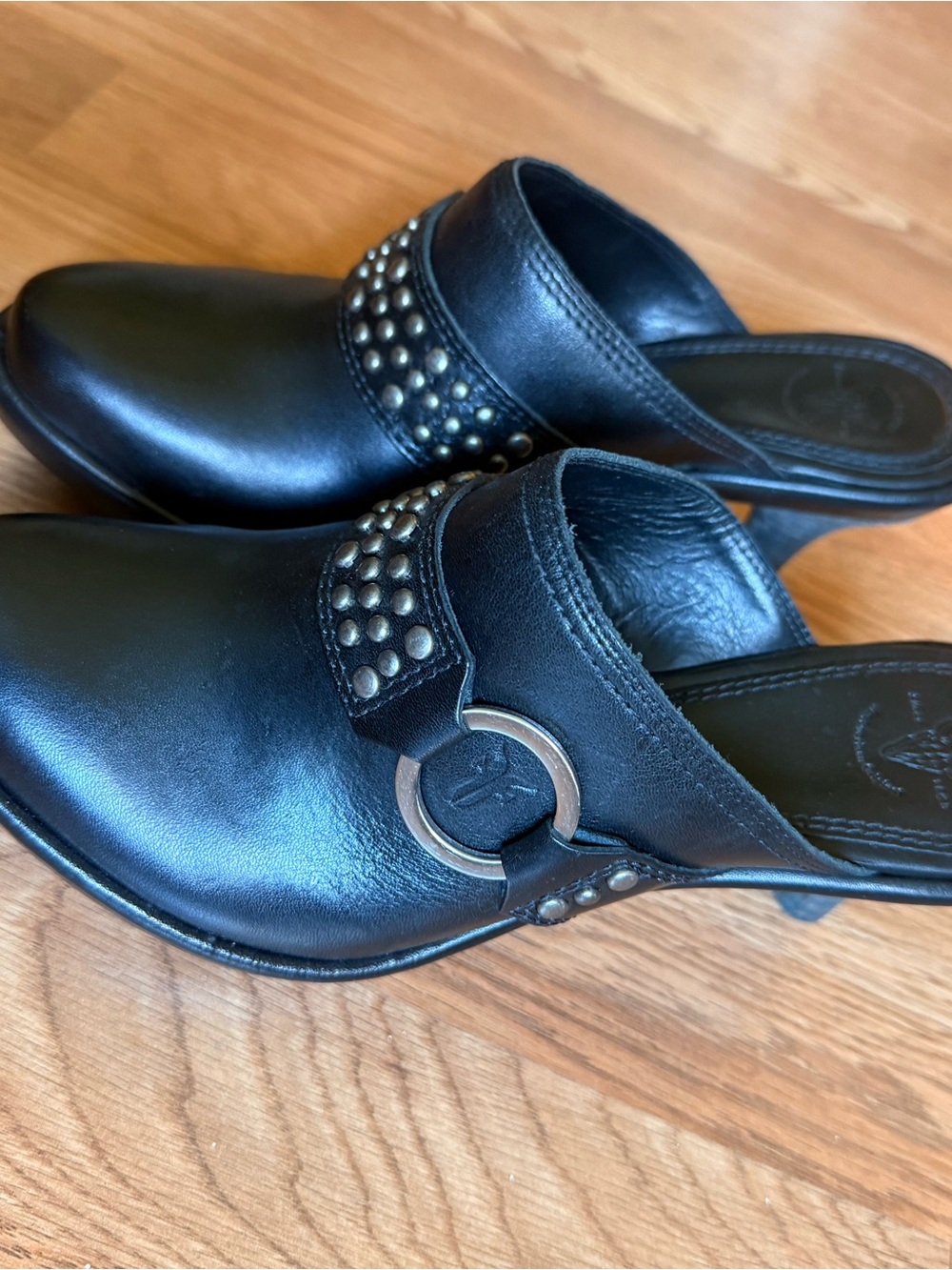Frye Black Studded Leather Mule Clogs